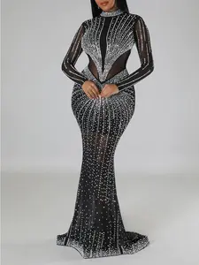 Women's Rhinestone Decor Contrast Mesh Sheer Bodycon Dress, Elegant Long Sleeve Stand Collar Maxi Dress for Party Club Dating Formal Wear, Ladies Clothes for All Seasons