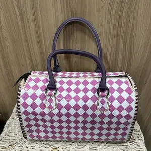 Large Checkered Speedy Bag with Pink Stitching & Handles