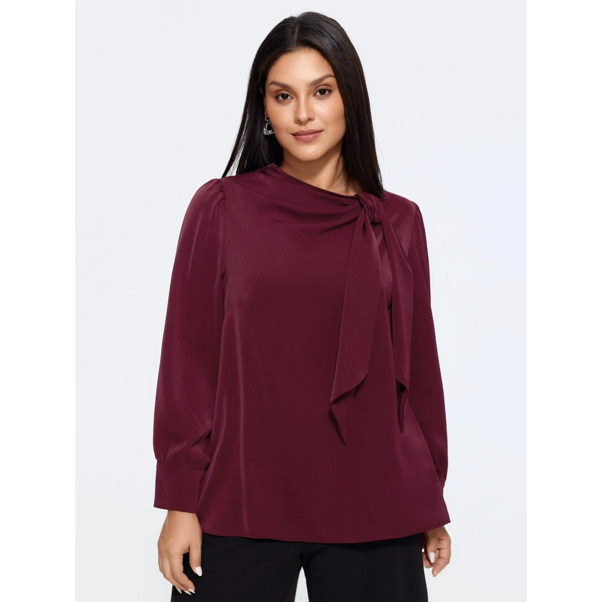 BloomChic Plus Size Satin Cowl Neck Tie Bow Long Sleeve Blouse[M-6X] Back To School,Spotlight Day