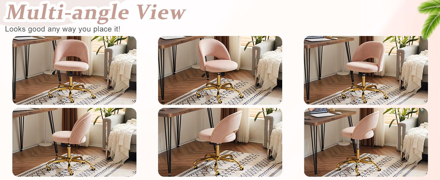 Karlhome  Modern Velvet Small Office Chair,Cute Desk Chair with Wheels,Gold Base/Studs, Comfy Armless Swivel Vanity Task Chair for Women/Girl/Kids, Nail Tech Chair for Bedroom,Small Space,Pink