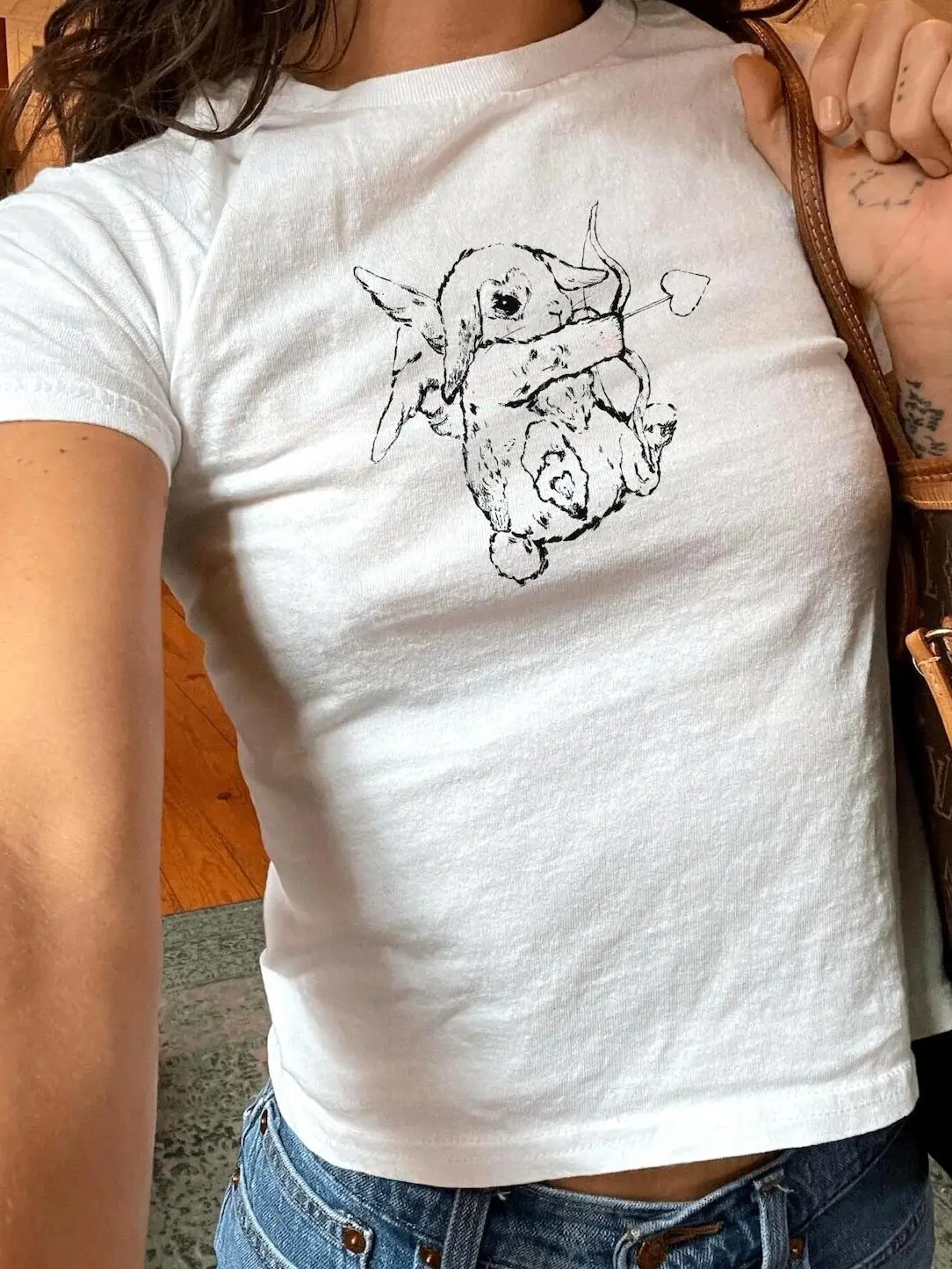 Cupid Bunny Baby Tee Vintage Angel Bunny Shirt Coquette Graphic Crop Top Y2K Baby Tee, Retro Aesthetic Tee Cute Valentines Top
