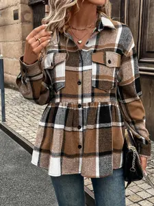 Vintage brown plaid neckline, pockets, long sleeves, patch stitched waist women's shirt, suitable for autumn and winter