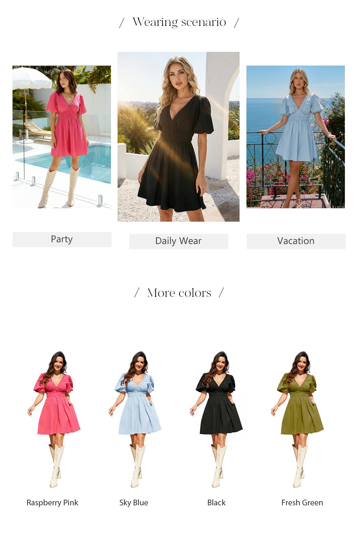 Chicovar Women's Boho Puff Sleeve Textured Cotton Mini Dress with Pockets, Deep V Neck Smocked Waist Flowy Summer Dress, Lightweight, Perfect for Vacation, Daily Wear, Party, Church Casual Outfit Minimalist