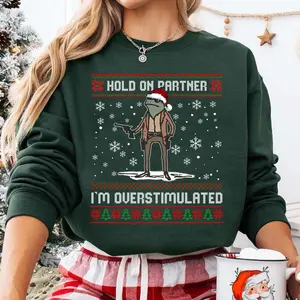Hold On Partner I'm Overstimulated Christmas Sweatshirt, Funny Cowboy Frog Christmas Shirt, Vintage Frog Western Cowboy Crewneck Tshirt, Ugly Christmas Sweater, Gift For Friend