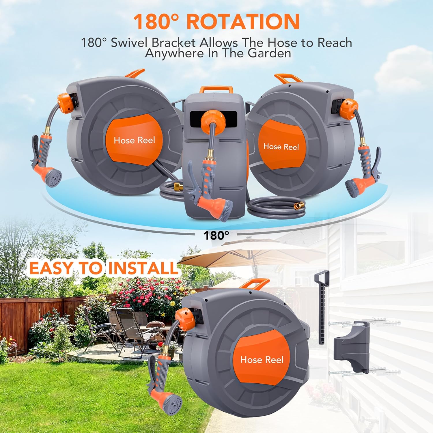 Garden Hose Reel, 1/2 in x 65/100 ft Wall Mounted Retractable Water Hose Reel with 9 Function Sprayer Nozzle, Any Length Lock, 180° Swivel Bracket, Automatic Rewind and Slow Return System