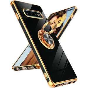 for Samsung Galaxy S10 Plus Case: 360° Rotatable Ring Holder Magnetic Kickstand [Not Fit S10 ], Plating Rose Gold Edge Protective for Samsung Galaxy S10+ Case, Black