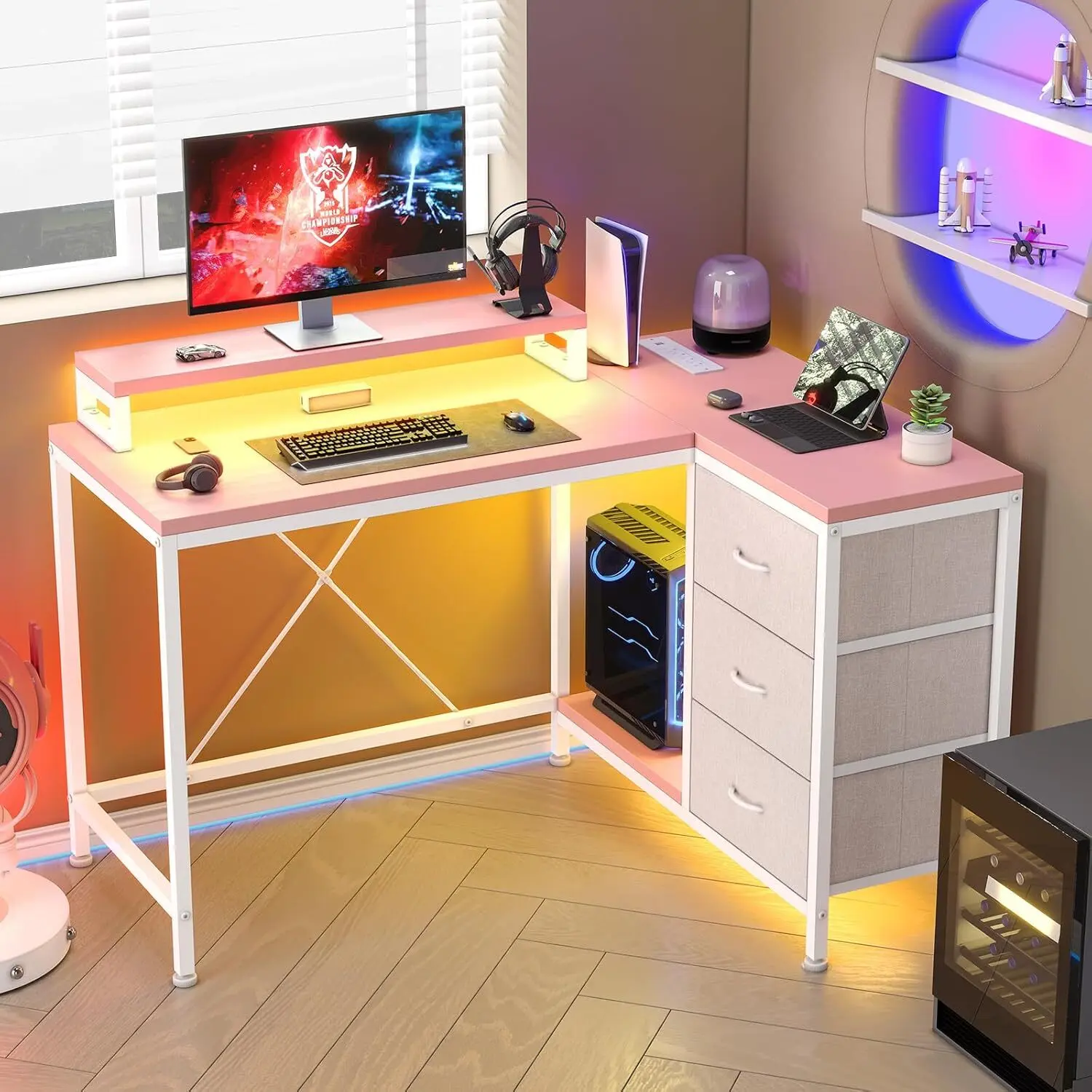 L Shaped Gaming Desk with 4 Tier Drawers, L Shaped Desk with Power Outlets and Led Lights, Home Office Desk with Monitor Stand, 43 Inch Gaming Table for Bedroom, Study Writing Gaming Desk-pink