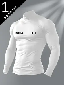 Men's 'MUSCLE' Turtleneck Compression Long Sleeve Top – High-Neck Quick-Dry Athletic Base Layer, Gym Workout Muscle Fit Shirt