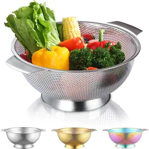 Stainless Steel Colander 5 Quart, Professional Strainer with Heavy Duty Handles and Self Draining Solid Ring Base for Pasta, Spaghetti, Berry, Veggies, Fruits, Noodles, Salads Dishwasher Safe