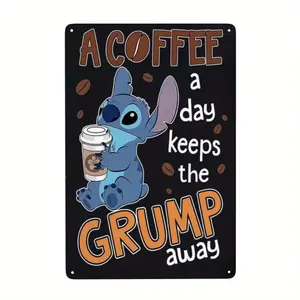 DISNEY CLASSIC Stitch Wall Sign Metal Vintage Decor - "A Coffee A Day Keeps The Grump Away" Quote, Black Background with Colorful Coffee Beans & Stitch Art, Wall-Mounted Home Cafe Office Decor, Home Decor