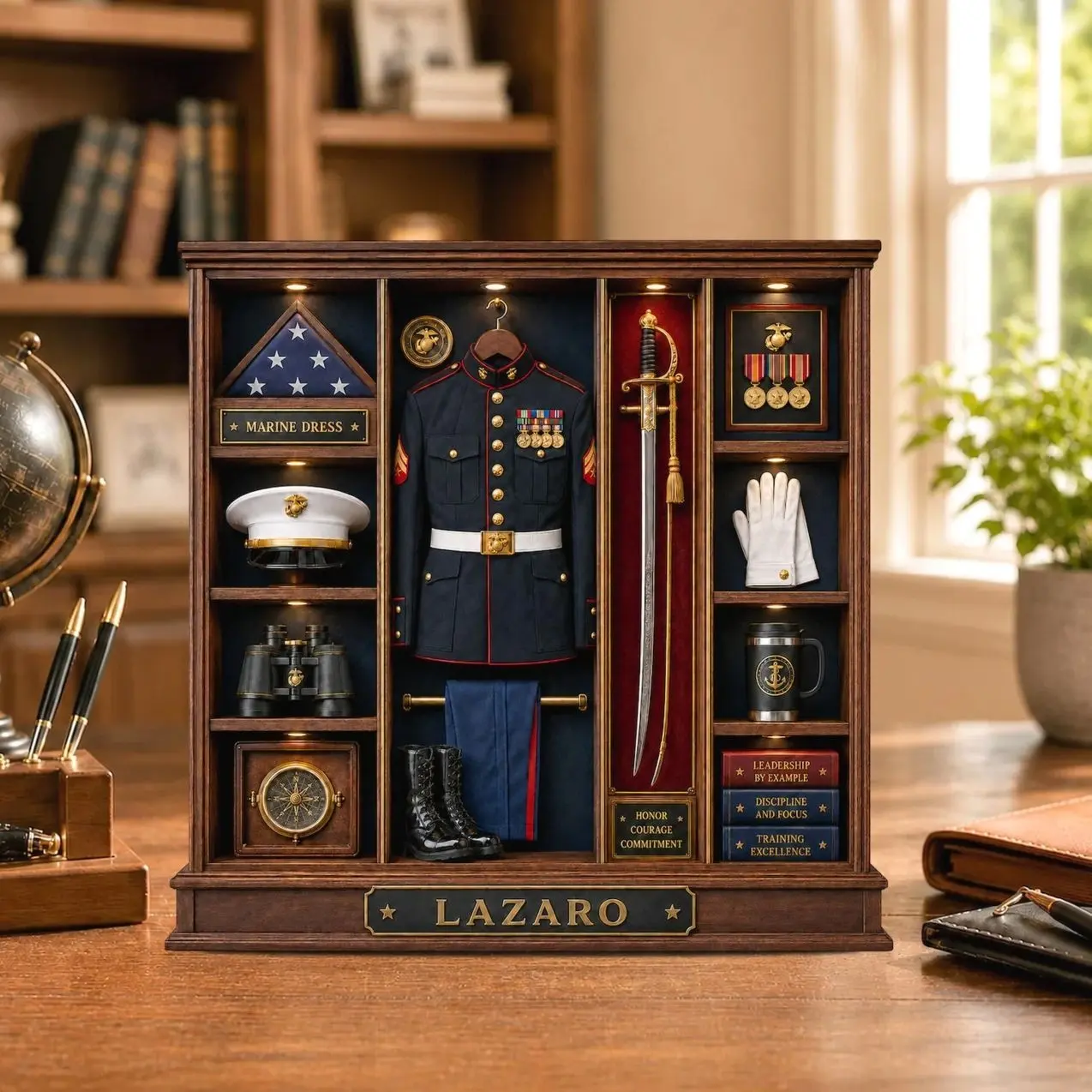 Personalized Marine Dress Blues Display, USMC Retirement Gift, Custom Marine Name Sign, Military Service Keepsake, Veteran Desk Decor