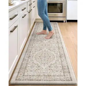 Kitchen Floor Mats Cushioned Anti Fatigue, 23x86 Long Wide Standing Comfort Runner Rug, Waterproof Rubber Memory Foam Padded for Front Sink Laundry, Beige/Ivory