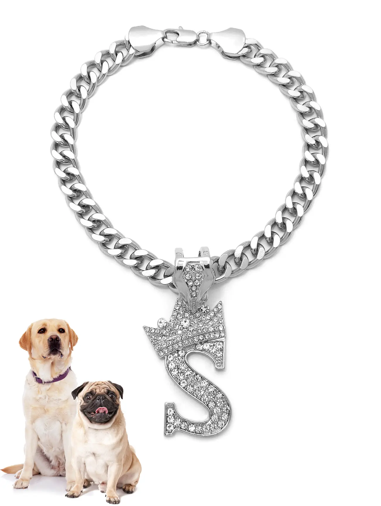 Icemond Pet Personalized Initial Necklace - Rhinestone-Studded, 26" Rhodium-Tone Cuban Chain [S-W]