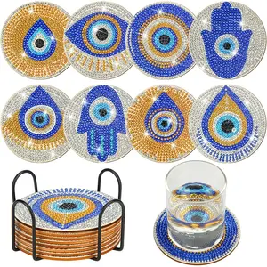 8-Piece Diamond Painted Coaster Set Eye Pattern (with Stand), DIY Diamond Art Craft Kit for Beginners, Home Decor Gift, Diamond Painting Coasters