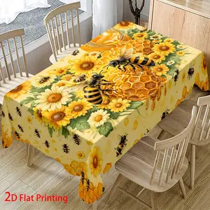Bee Theme Floral Bees Honeycomb Print Rectangle Tablecloth, Ideal for Home Kitchen & Party Decoration, Versatile Indoor/outdoor Use