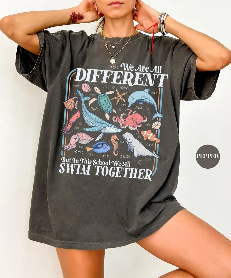 Vintage We Are All Different Comfort Colors T Shirt | Retro Swim Together Tee | Teacher Appreciation Shirt | Sped Inclusive Oceanlife Shirt