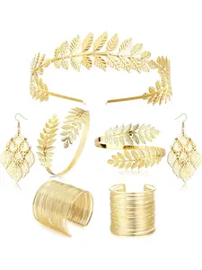 Elegant 7 Pcs Golden Greek Goddess Alloy Jewelry Set for Women Men Refined Laurel Leaf Crown Headband Polished Arm Cuff Coil Bangle Coordinated Drop Earrings Vintage Sculpted Leaf Motifs Luxurious Golden Finish Sophisticated Ancient Greek Aesthetic