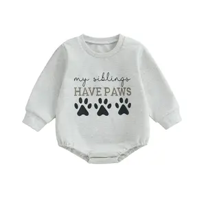 Infant Baby Boy Girl Long Sleeve Sweatshirt Romper Bubble Bodysuit My Siblings Have Paws Print  Jumpsuit