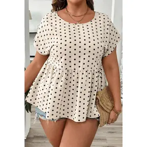 Apricot Plus Size Polka Dot Print Button Detail Short Sleeve Babydoll Blouse