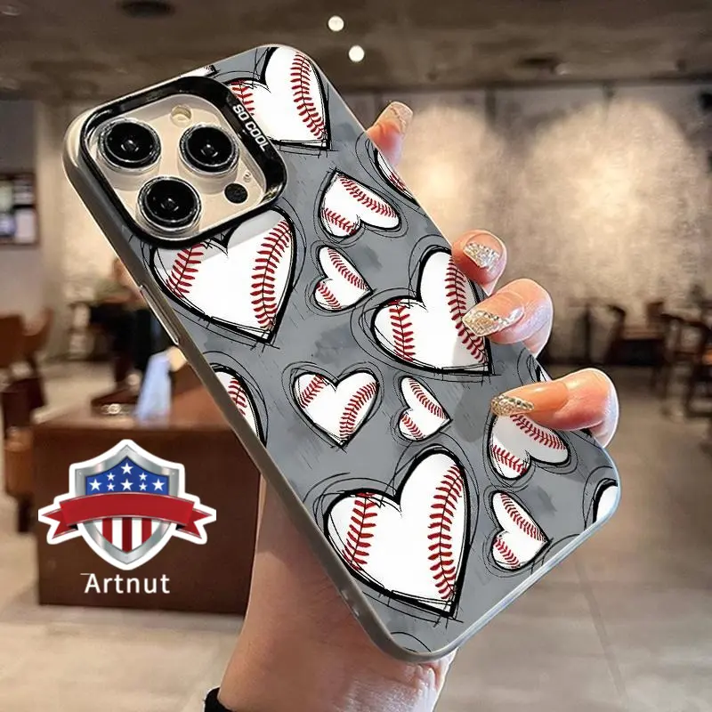 Baseball Hearts Pattern Silicone Magnetic Phone Case for iPhone Series (15/16/14 Pro Max/13/12/11/XR/XS Plus), Anti-Drop Military-Grade Protection, Soft Durable, Shockproof, Non-Slip, Slim Cover with Screen+Cam Buffer, Mobile Phone Accessories