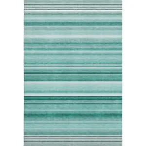 360 Stand 5x8 ft. Aqua & Ivory Striped Transitional Polyester Fiber Area Rug, Stain Resistant, UV Protected, Washable Machine-Made Flat Pile Rectangle Rug