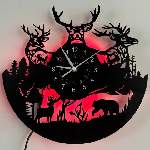 Vintage Forest Deer Vinyl LED Lighted Wall Clock, Christmas & Easter Themed Seven-Color Display, Creative Decorative Timepiece, Home & Office Decor, Unique Bar Decoration