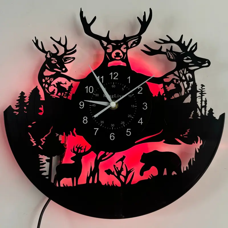 Vintage Forest Deer Vinyl LED Lighted Wall Clock, Christmas & Easter Themed Seven-Color Display, Creative Decorative Timepiece, Home & Office Decor, Unique Bar Decoration