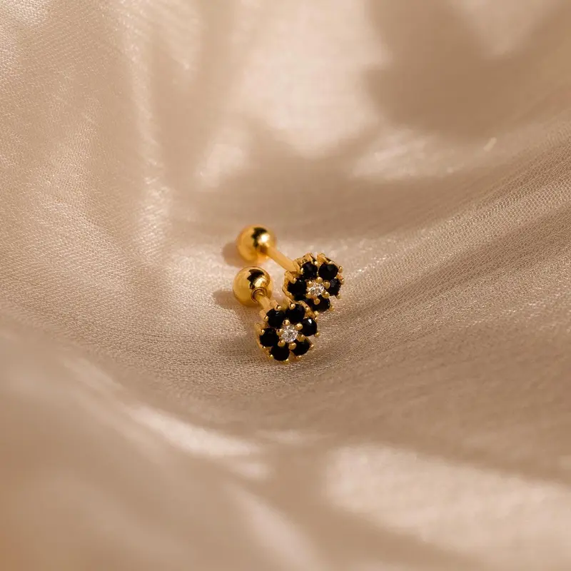 Onyx Flower Studs by Caitlyn Minimalist - Delicate Black Gemstone Floral Earrings in Gold - Screw Back Stud Earrings - Art Deco Jewelry - Gift for Her