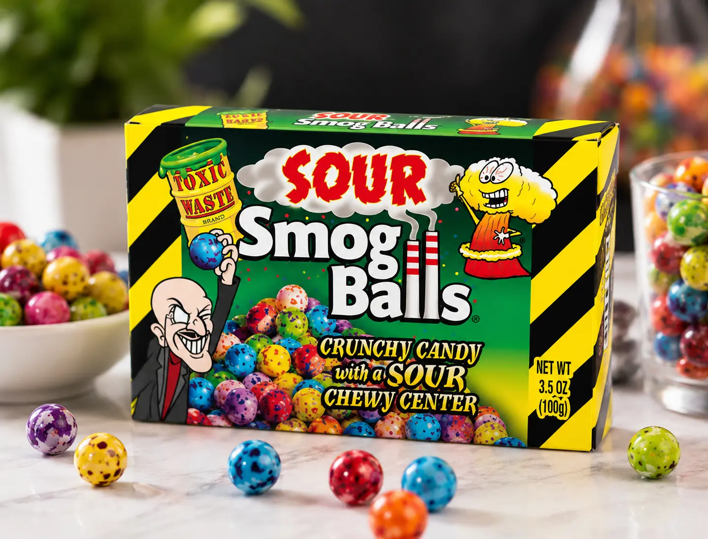 Toxic Waste Sour Smog Balls Chewy Candies, 3.5 oz Theater Box Snack with Strawberry & Lemon Flavors