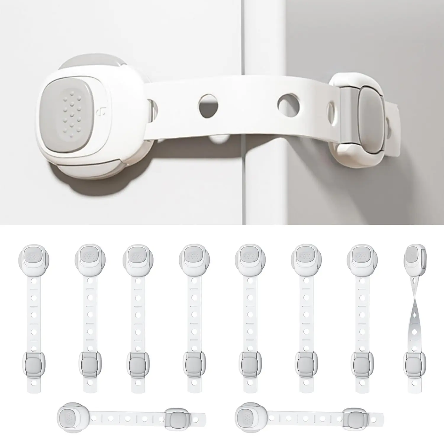 10-Pack Multi-Use Adjustable Lengths Adhesive No-Screw Cabinet Locks - Easy Installation Flexible Use Adolescent-Proof Safety Straps for Cupboard, Drawer, Refrigerator, Stove, Toilet - Home Improvement, Intelligent Dual Lock Technology