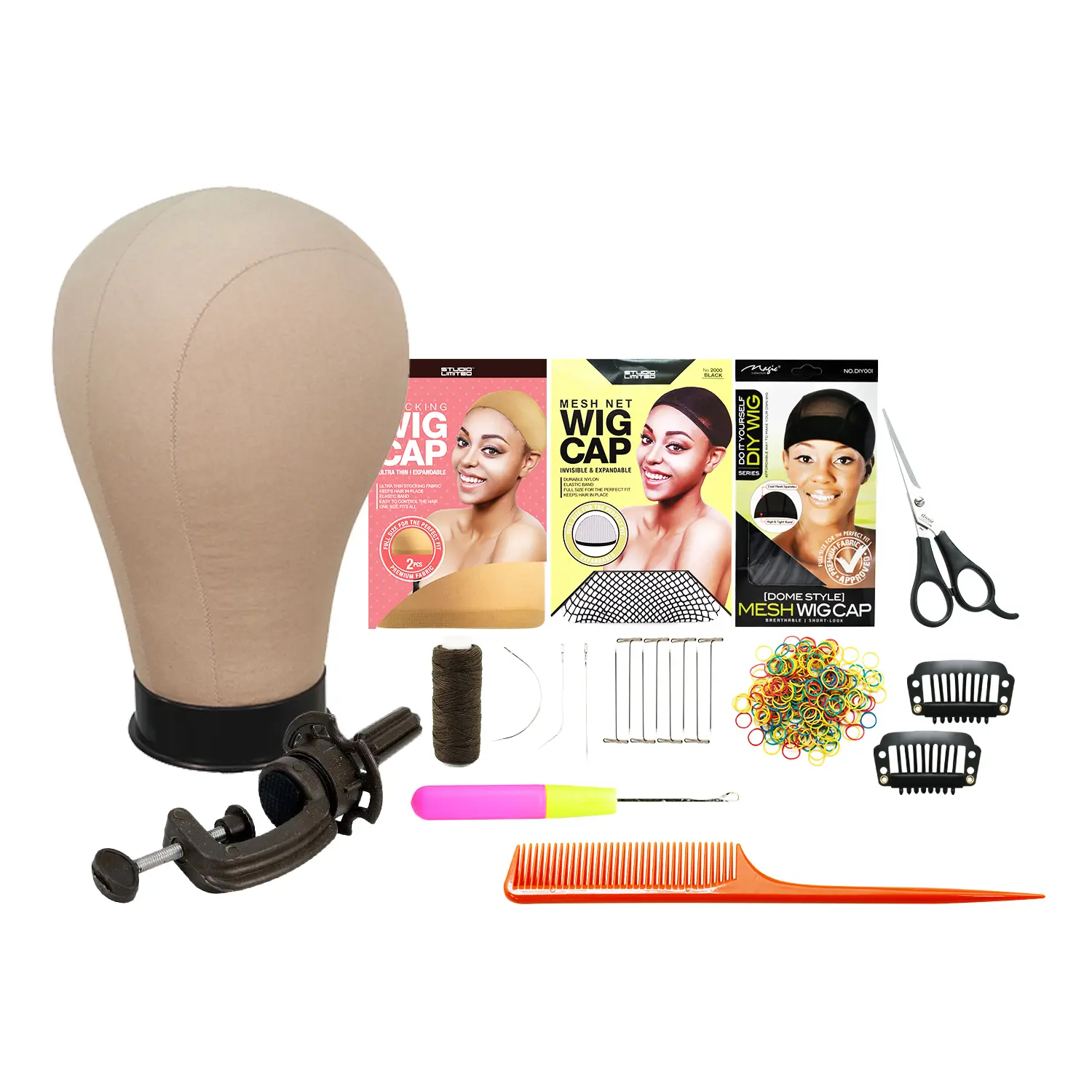 Studio Limited Mannequin Head, 21-Inch Canvas Block with Long Neck, Includes 12-Piece DIY Wig Making and Styling Starter Kit, 21 Inches