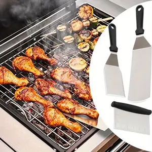 3 Pieces Griddle Accessories Kit, Stainless Steel Professional Long BBQ Grill Spatula/Turner & Scraper Set for Flat Top Grill Hibachi Camping Cooking