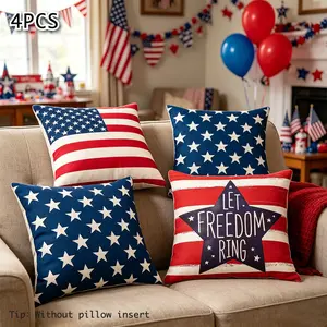 4PCS 4th of July Holiday Festive Decorations Pillow Covers Machine Washable Independence Day Patriotic Throw Pillow Case American Flag Stars and Stripes Cushion Case Decorative Gift for Sofa Couch Bed Home Outdoor