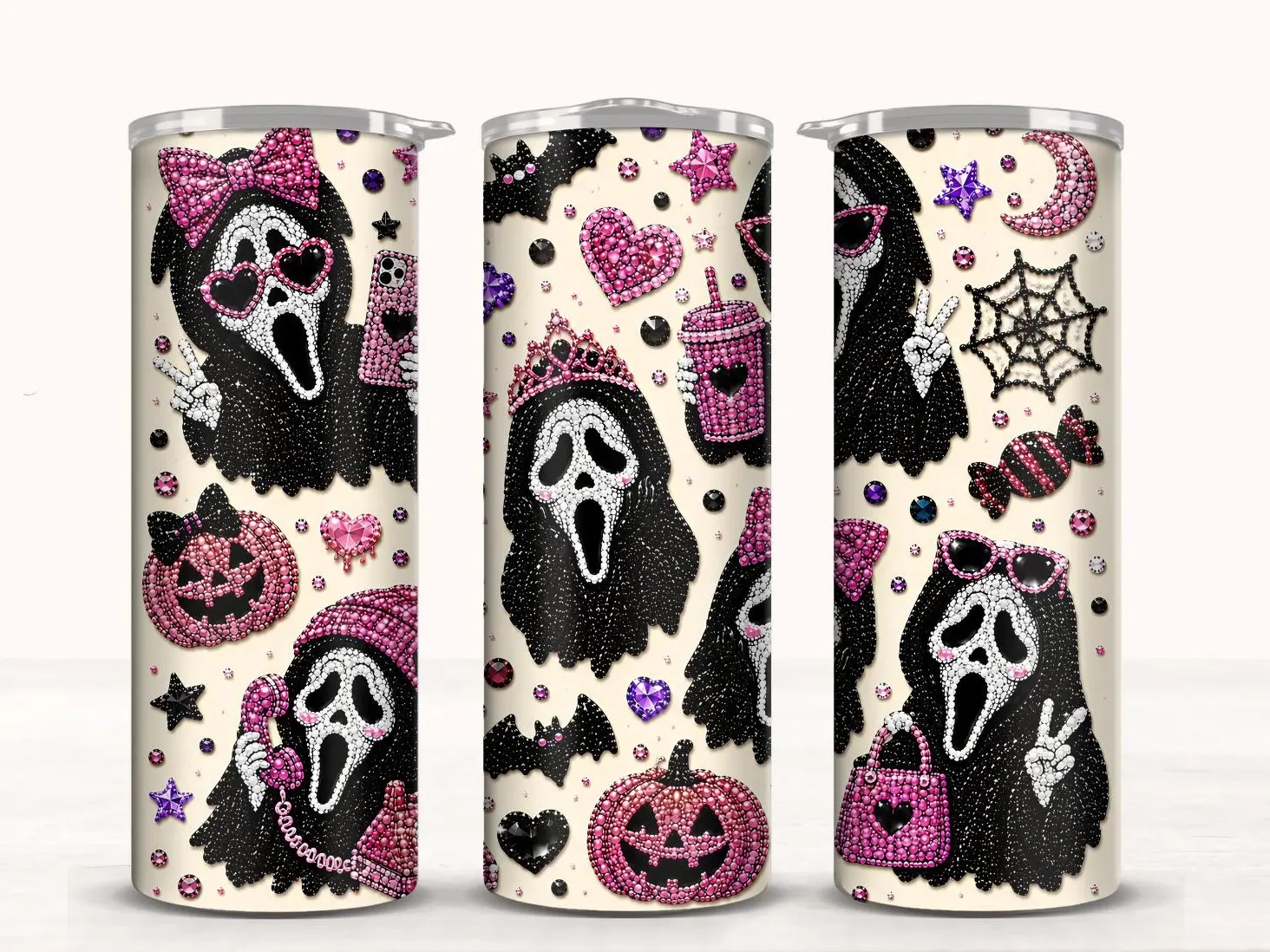 Ghost Face Halloween 20oz Tumbler Slim Rhinestone Effect Design Drinkware Cup