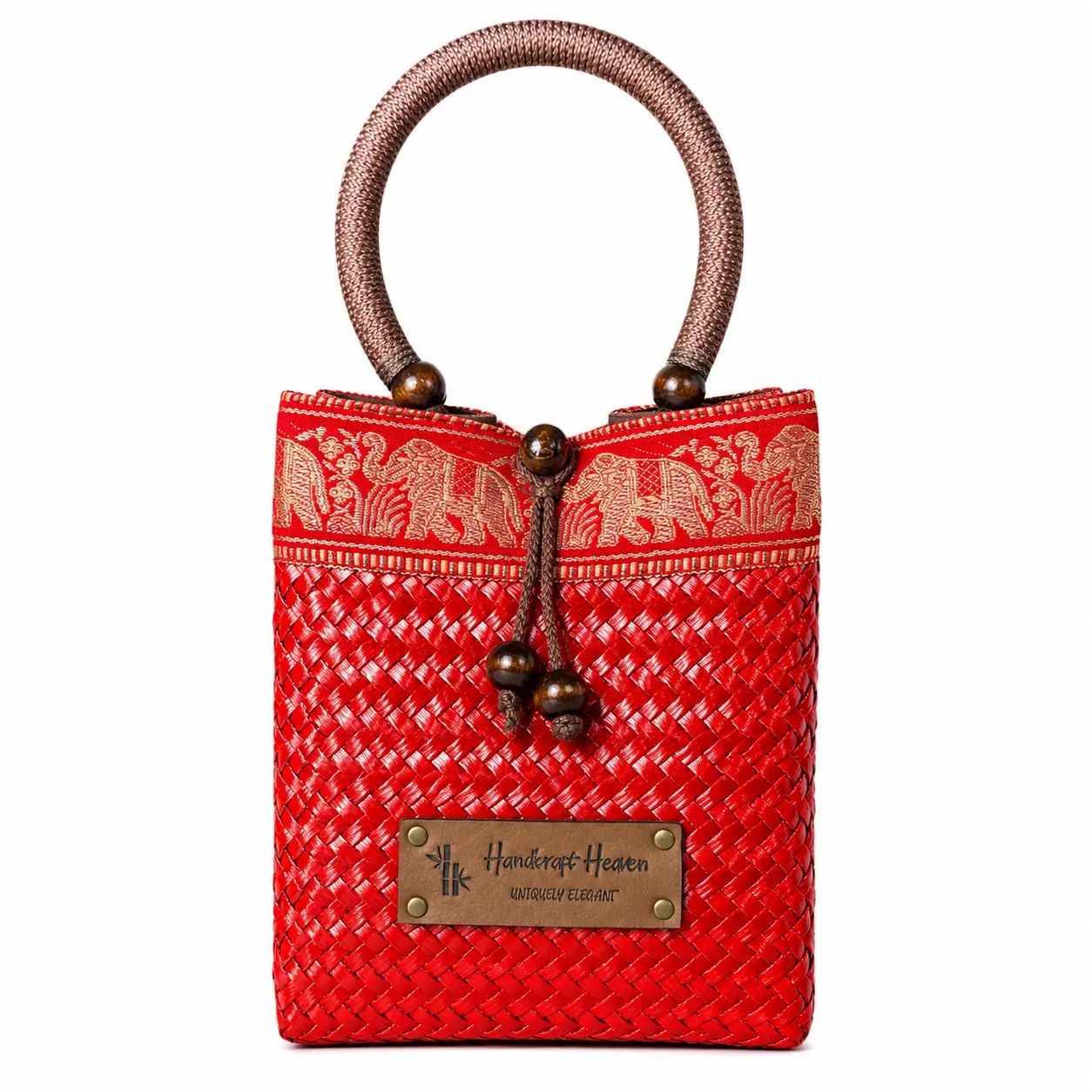 Handwoven Krajood Straw Mini Tote Bag for Women | Handmade Woven Top Handle Purse with Wooden Bead Closure | Lightweight Summer Handbag |