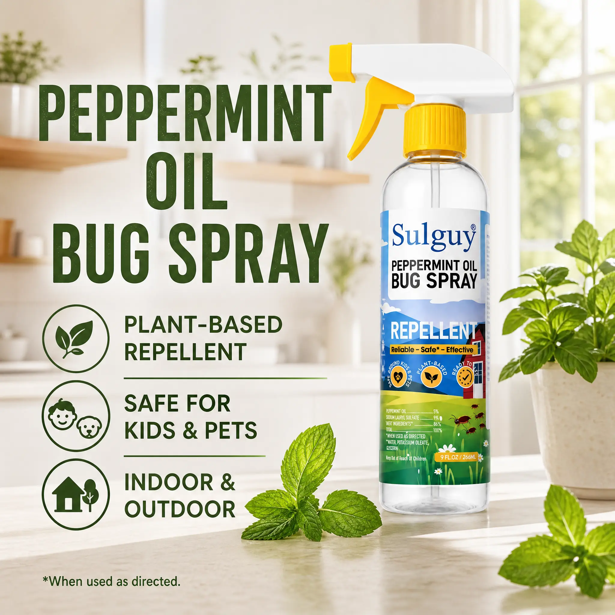 Plant Based Peppermint Bug Spray for Roaches | Family Friendly | Sulguy 9oz Indoor Kitchen Baseboard Spider & Ant Repellent Essential Oil Spray Scent