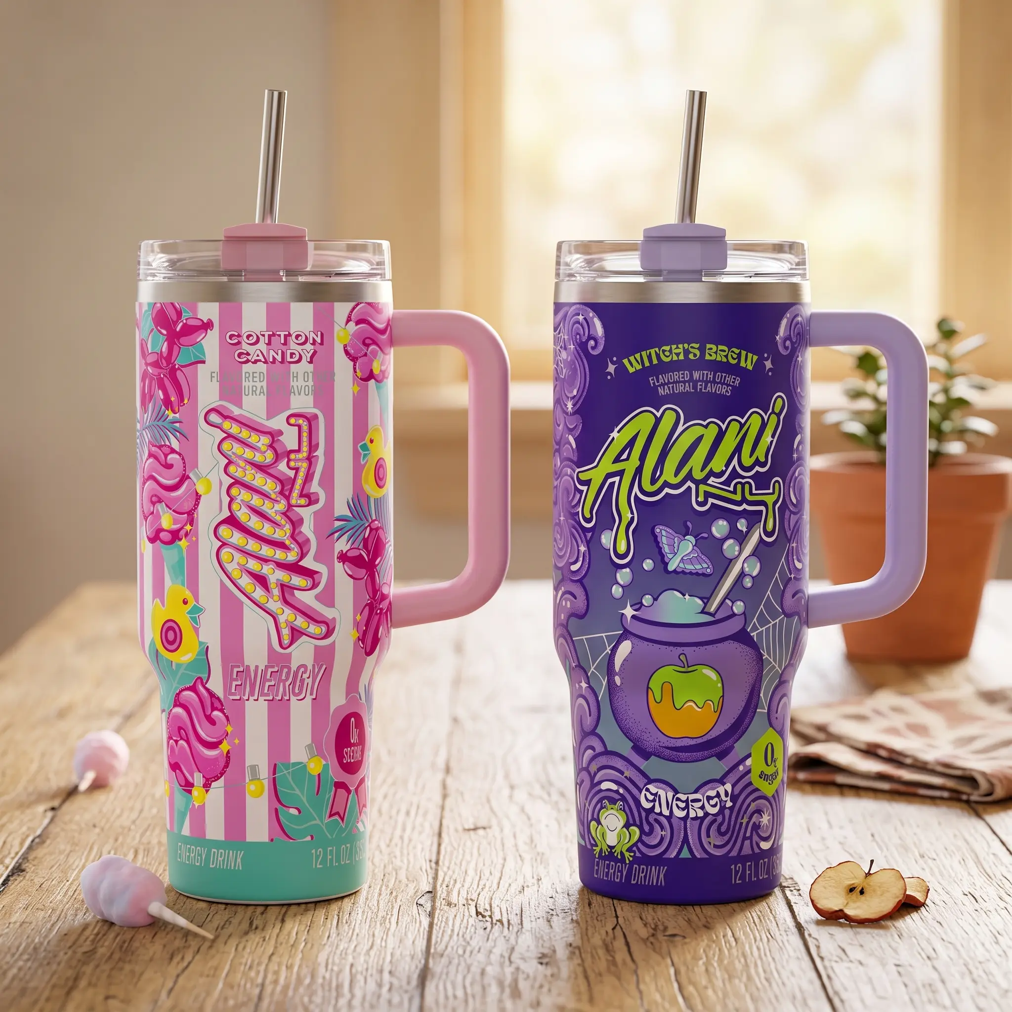 Alani Nu Full Color Tumbler With Handle - Witches Brew Energy Drink for Extreme Sports Athlete - Purple Cotton Candy, Bloom Sparkling Energy, Witch's Brew Insulated Travel Mug With Straw Lid Portable Water Bottles Drinkware Reusable