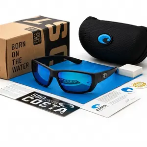 Tuna Alley Costa Del Mar Sunglasses, Black Frame With Blue Mirror Polarized Lenses, Full Accessories