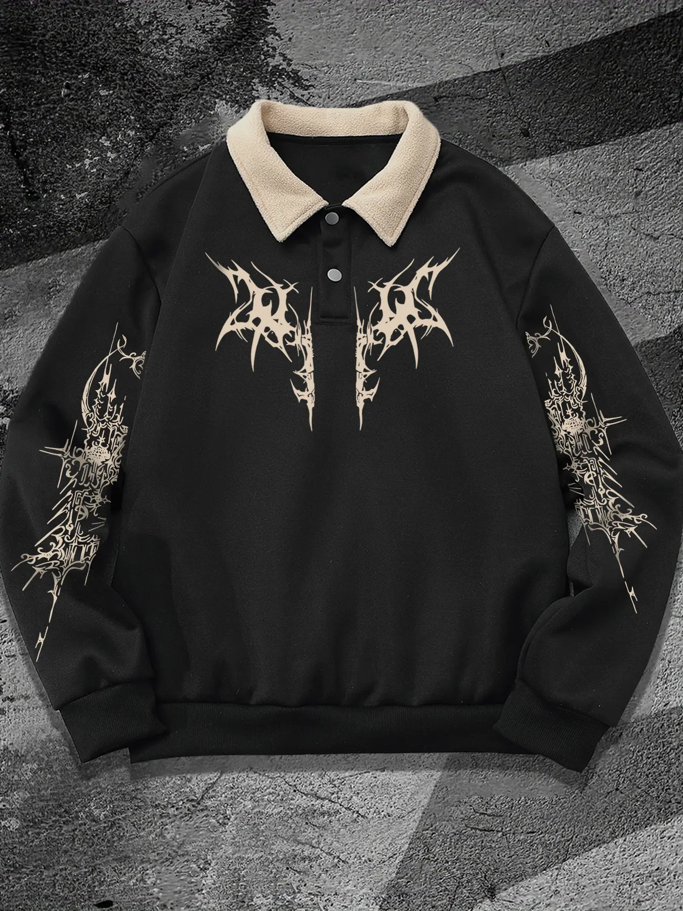 Men's Fall Winter Floral Print Graphic Polo Neck Sweatshirt, Casual Outdoor Fitted Long Sleeve Pullover, Trendy Half Button Design, Tops