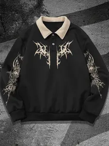 Men's Fall Winter Floral Print Polo Neck Sweatshirt, Casual Fashion Sweatshirt, Casual Outdoor Fitted Long Sleeve Pullover, Trendy Half Button Design