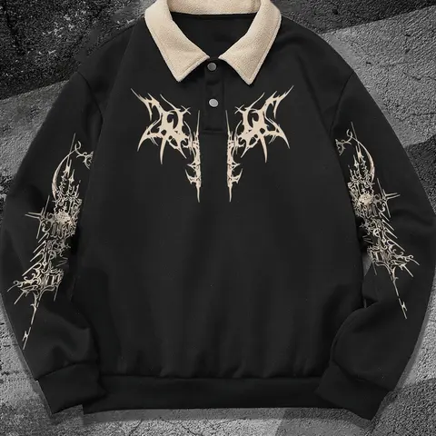 Men's Fall Winter Floral Print Graphic Polo Neck Sweatshirt, Casual Cozy Sweatshirt, Casual Outdoor Fitted Long Sleeve Pullover, Trendy Half Button Design, Tops, Graphic Printed Sweatshirt