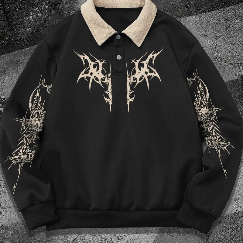 Men's Fall Winter Floral Print Graphic Polo Neck Sweatshirt, Casual Cozy Sweatshirt, Casual Outdoor Fitted Long Sleeve Pullover, Trendy Half Button Design, Tops, Graphic Printed Sweatshirt