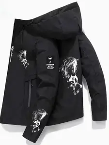 Unisex Horse Print Hooded Zipper Jacket, Casual Street Style, Fitted Design, Spring & Fall Fashion