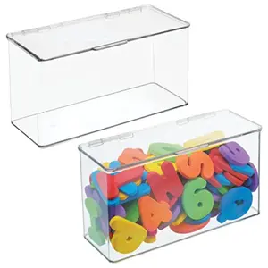Plastic Stackable Playroom Gaming Storage Organizer Bin Box with Hinged Lid for Drawer or Cabinet Organize Electronics Crayons Games Blocks Toys Lumiere Collection 2 Pack Clear