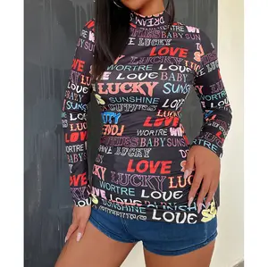 Letter Print Mock Neck T-Shirt, Casual Long Sleeve Top For Spring & Fall, Women's Clothing，Fashion and Stylish T-shirt-UBL-699
