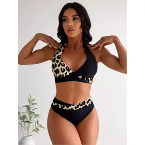 Leopard Print Color Block Halter Bikini Set Twist Front High Waist 2 Piece Swimsuit #LeopardPrintBikini #HalterNeck #TwistFront #HighWaistBikini #ColorBlockSwimwear