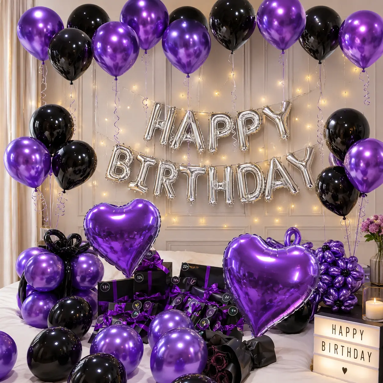 Purple Black Birthday Balloon Garland Kit, 61 PCS Metallic Purple Black Balloons with Happy Birthday Banner & Heart Foil Balloons for Women Men Birthday Party Decorations
