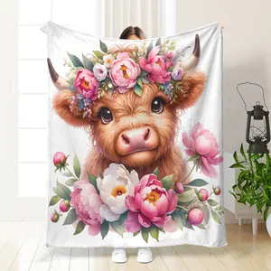 Highland Cow Flower Theme Christmas Holiday Bedroom Decor, Cute Farm Animal Floral Pattern Throw Blanket, Perfect Home Decoration Gift