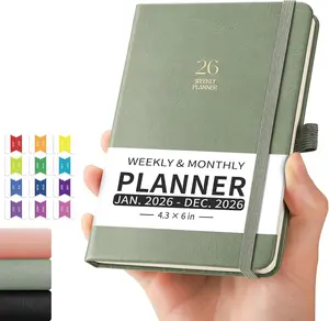 2026 Pocket Calendar for Purse - 4.3" x 6" A6 Small Mini Weekly and Monthly Planner, Jan-Dec 2026, 100GSM Thick Paper, Leather Hardcover, Colorful Tabs, Notes, Pen Loop,  Pocket, Light Green