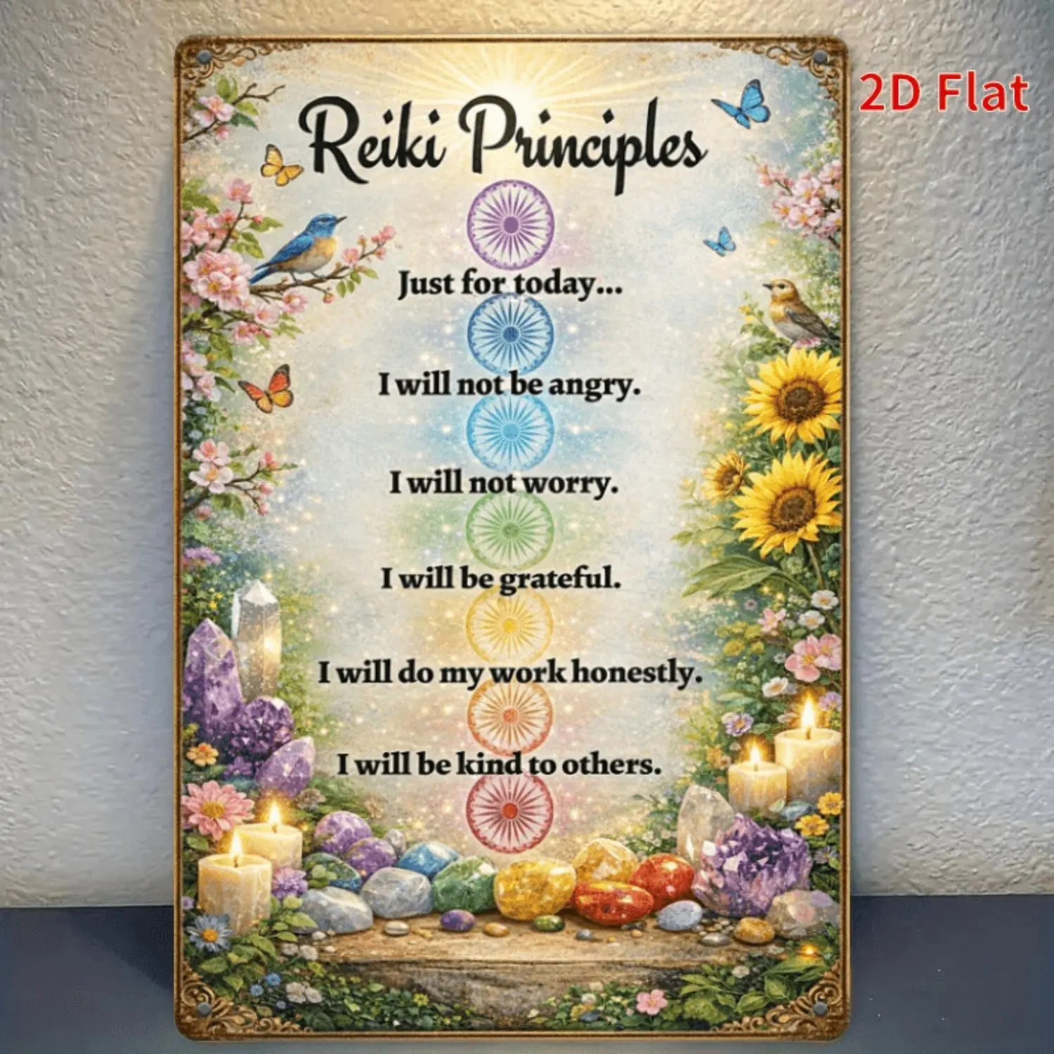 One Piece 11.81X7.87 Inches Reiki Principles Iron Plaque Spiritual Chakra Wall Decor for Health Enthusiasts
